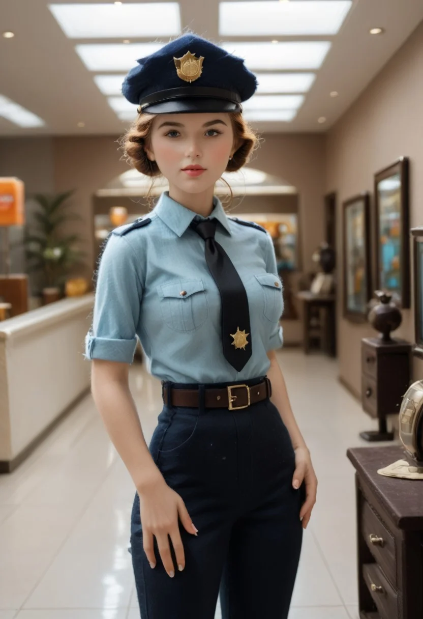 (mall cop), sscore_9, score_8_up, score_7_up, 1girl, brown hair, hair bun, solo, hat, uniform, necktie, single hair bun, belt, pants, shirt, looking at viewer, (score_6_up, score_5_up), solo, standing, source_anime, conceptart, (indoors, Police Department Office), WORLD MORPH FELT, MICROPHOTOGRAPHY.