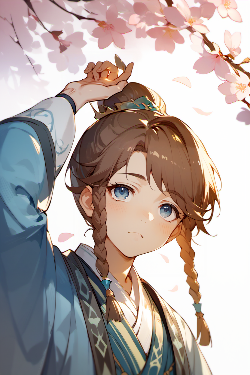 score_9, score_8_up, score_7_up, masterpiece, best quality,
1boy, solo, blush, simple background, white background, upper body,
sky, sunshine, cherry blossom, arm up, look up
 hujia, green hanfu, single hair bun, twin braids, brown hair, swept bangs, blue eyes <lora:HuJiaPonyV2:1>