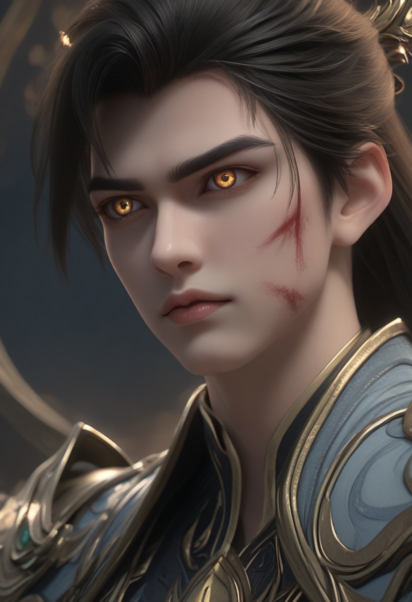 (super detailed adult clean face), detailed eyes, expressiveH, focus on face, from side, medium shot, score_9, score_8_up, score_7_up, shihao, 1boy, solo, black hair, emperor_armor, blue eyes, gold eyes, ponytail, slim toned male, blood, blood on face. create a stunning portrait of an fantasy adult hero in epic godlike pose, designed in an ultra-detailed, realistic art style. The image should capture the essence of hate, hostile, anger, strength, beauty, and power, with dramatic lighting that accentuates the character's features and presence.  Use a Canon EOS R5 camera with a 100mm lens at F 1.2 aperture setting to blur the background and isolate the subject. Use a dreamlike lighting effect to create a serene and peaceful image.