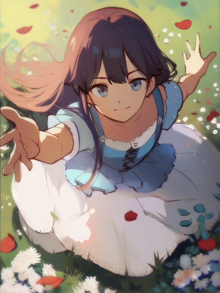 score_9, score_8_up, score_7_up, score_6_up, score_5_up, score_4_up, source_anime BREAK 1girl, female focus, ((from above, looking at viewer, reaching towards viewer)), arm up, dynamic pose, outdoors, sunlight, llustration, day BREAK, smirk, :d, dress, long hair, moist skin, petals, wind lift, grass, <lora:Idoraa-25:1> , <lora:add-detail-xl:1> , <lora:loraeyesxl:1> , <lora:Pony_QualityV4.0:1>, <lora:ClearHand-V2:1>