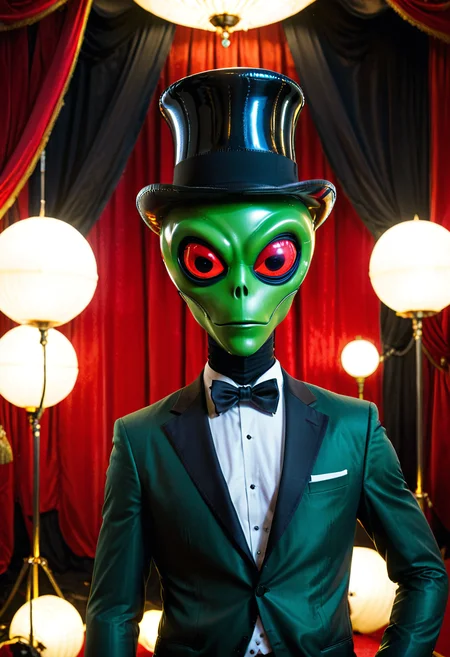 shnywrld, inflatable, scifi, colorful, luminous, a green shnywrld alien, yellow spots, wide black eyes, almond shaped, wearing a top hat and tuxedo, rose in its mouth, on stage, directional lighting, red theater curtain background, masterpiece, amazing quality, best quality, very aesthetic, absurdres, detailed background, low angle.  <lora:shinyworld:.8>  <lora:zavy-cntrst-sdxl:.8> dark, chiaroscuro, low-key <lora:xl_more_art-full_v1:.8>