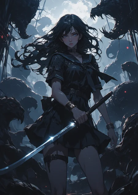 (Stunning illustration of upper body and face of 15 years old girl.:1.5) masterpiece. anime. bewitching color, depth of field, soft lighting, sharp focus, <lora:ILLUSTRATION_2_FLUX v2:0.5>,
Dynamic pose Illustration of extreme close up face and upper body of a girl with black long floating hair and sailor collar and pleated skirt, holding sword. In a dark fantasy realm, a valiant girl stands defiantly amidst grotesque monsters, gripping a gleaming katana. Her black sailor uniform and flowing hair enhance her fearless presence. The eerie, fog-laden backdrop with twisted trees and an otherworldly moon highlights her fierce expression. The air is filled with tension and distant growls, creating a sense of a fierce fight for survival.