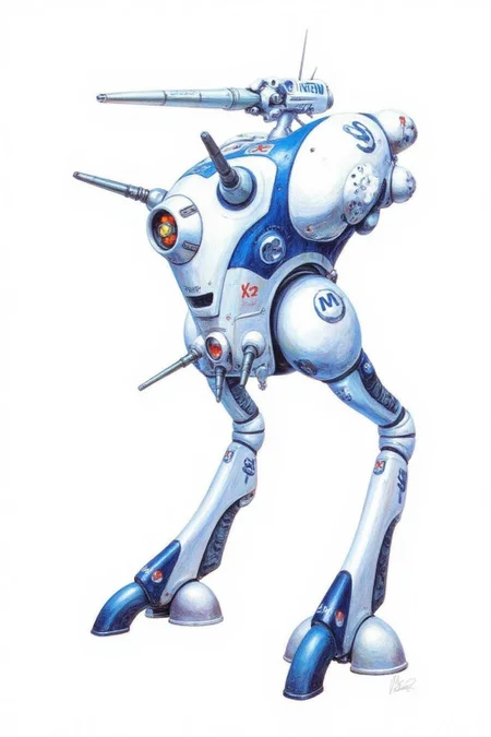 m9cha illustration.
A futuristic biped combat robot, rendered in a style reminiscent of high-quality concept art or 3D modeling. The robot stands on two legs, each ending in articulated, mechanical feet with a blue hue and small, glowing red lights. Its body is primarily white and blue, with a sleek, aerodynamic design. There is a radar on top of its head. <lora:macmecha1_cap_d6a3e11:1.0><lora:820699634151287940:0>