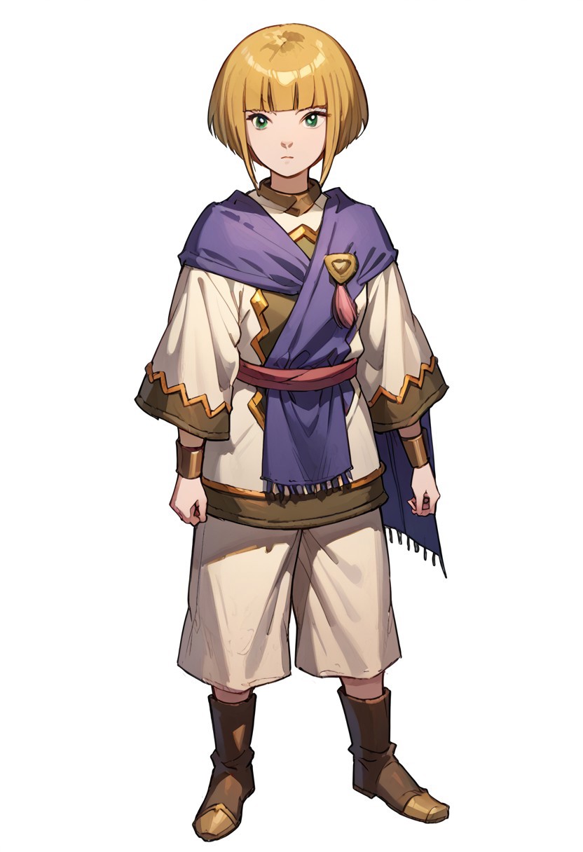 score_8, score_8_up, score_7_up, 1girl, female focus, solo, Sheba_GS, blonde hair, bob cut, blunt bangs, side locks, short hair with long locks, green eyes, cape, brooch, tunic, short sleeves, sash, bracer, white shorts, shorts, knee boots, brown footwear, full body, standing, simple background, white background