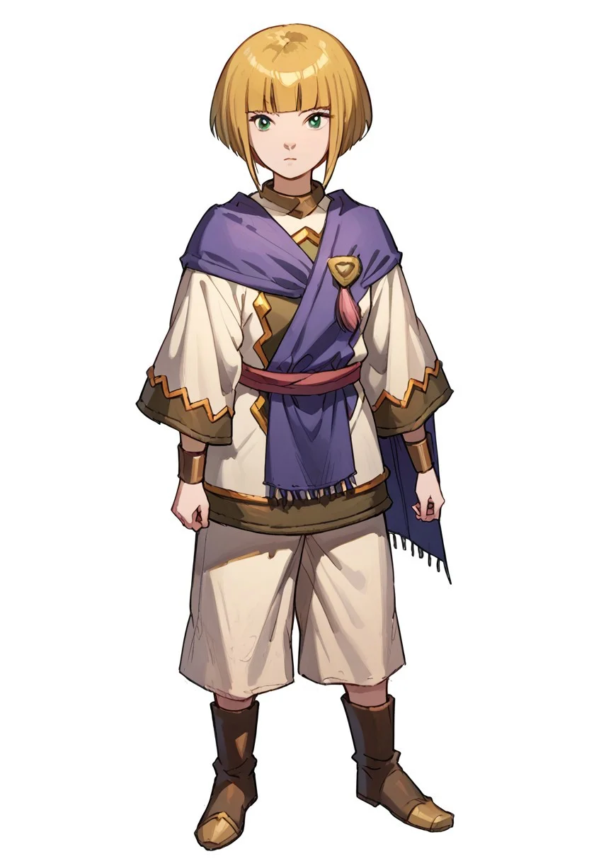 score_8, score_8_up, score_7_up, 1girl, female focus, solo, Sheba_GS, blonde hair, bob cut, blunt bangs, side locks, short hair with long locks, green eyes, cape, brooch, tunic, short sleeves, sash, bracer, white shorts, shorts, knee boots, brown footwear, full body, standing, simple background, white background