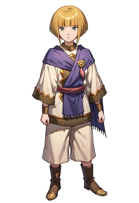 score_8, score_8_up, score_7_up, 1girl, female focus, solo, Sheba_GS, blonde hair, bob cut, blunt bangs, side locks, short hair with long locks, green eyes, cape, brooch, tunic, short sleeves, sash, bracer, white shorts, shorts, knee boots, brown footwear, full body, standing, simple background, white background