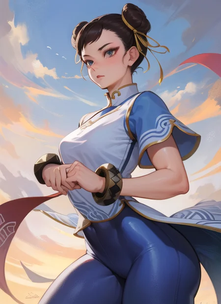 (masterpiece, best quality, high resolution), (illustration:1.0), extremely detailed face, perfect lighting, (perfect hands,perfect anatomy), (1girl, solo:1.5), glowing skin and perfect symmetrical pretty face ,cowboy shot, chunlims, hair bun, double bun, chinese clothes, solo, dress, bracelet, ribbon, pants, blue pants, makeup, short sleeves, wide hips, thick thighs, <lora:ChunliMS:1>,