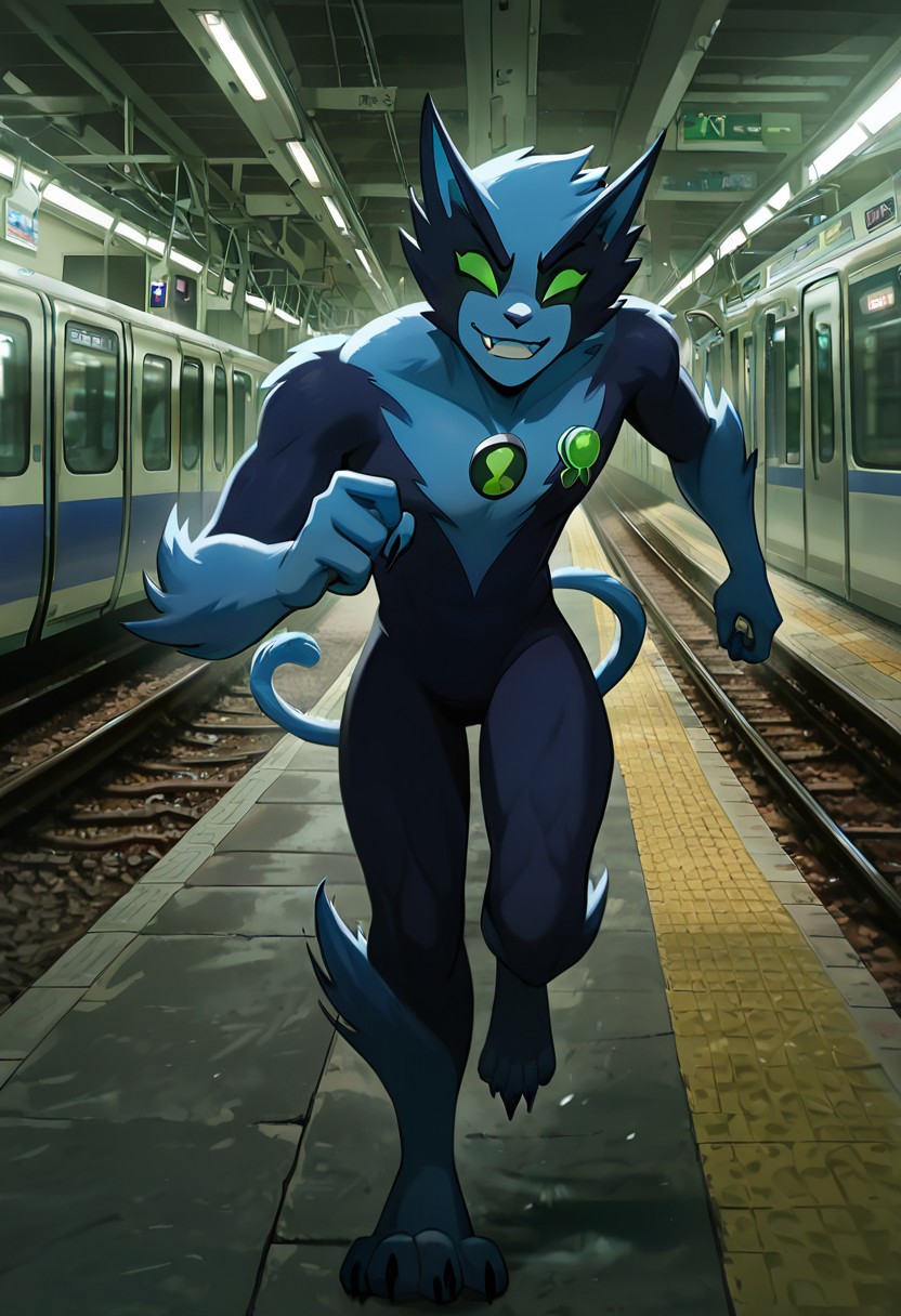 masterpiece, best quality, amazing quality, very aesthetic, absurdres, newest,, detailed background, 
fastrack, solo, blue skin, green eyes,  claws, green badge, fang,, feline tail,  wide jaw, masculine, blue chest, digitigrade legs,
subway station, running from train, metro train, on tracks, train tracks, dark, smile, teeth,