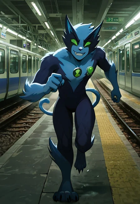 masterpiece, best quality, amazing quality, very aesthetic, absurdres, newest,, detailed background, 
fastrack, solo, blue skin, green eyes,  claws, green badge, fang,, feline tail,  wide jaw, masculine, blue chest, digitigrade legs,
subway station, running from train, metro train, on tracks, train tracks, dark, smile, teeth,
