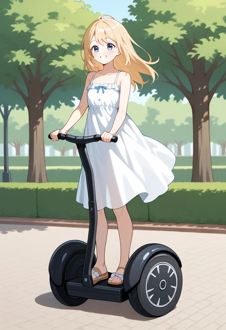 segw4y, riding segway, 1girl, solo, light blonde hair, sundress, sandals, outdoors, park, smile