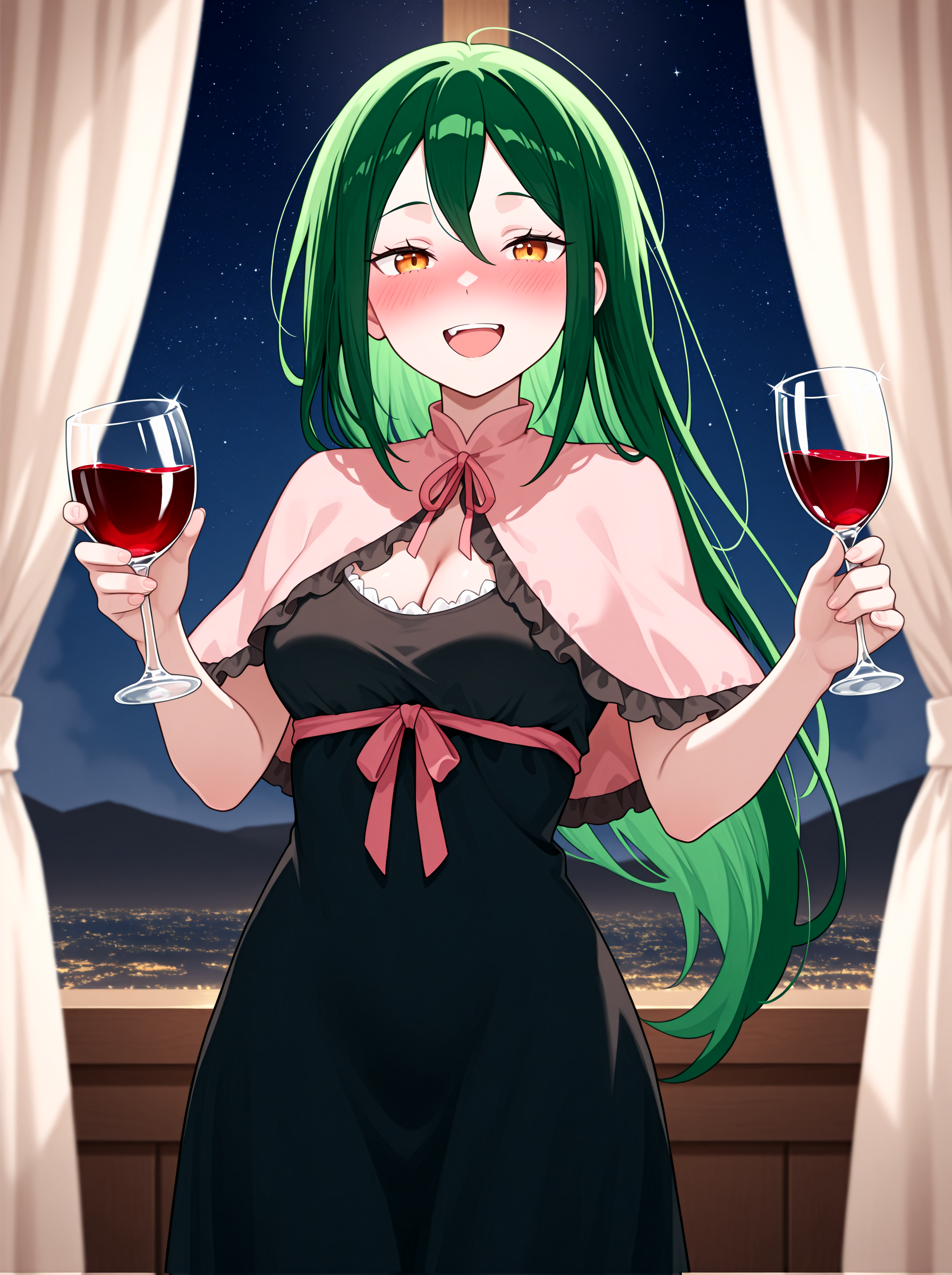 1girl, <lora:kncrusch_sn55:1>,crksn, green hair, pink frilled capelet, black sleeveless dress, pink ribbon,
nighttime, stars, atmospheric, looking at viewer, cheerful, open mouth, drunk, holding glass of red wine, curtains,
looking at viewer, cowboy shot, straight shot,
high resolution, ultra-detailed, absurdres, masterpiece, best quality, good quality, newest,