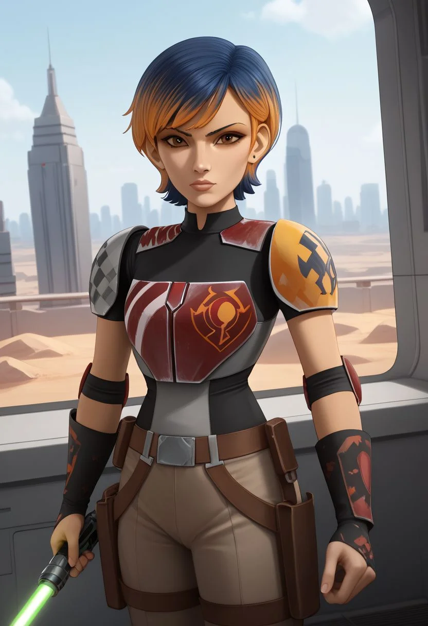 zPDXL2:2, Expressiveh, uncensored, masterpiece, hyper detailed, best quality, dramatic lighting, crisp image, clear image, ultra-high details, high detail, detailed face, photography, cinematic, cinematic lighting:2, retro anime, retro artstyle, 1girl, solo, sabinewren, short hair, multicolored hair, brown eyes, armor, shoulder pads, elbow pads, holding a green lightsaber, body portrait, looking at viewer, dynamic angle, dynamic pose, battle stance, serious expression, star wars style, cityscape, science fiction, sci-fi, cyberpunk, futuristic,