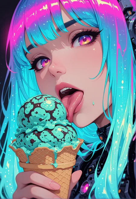 <lora:ck-shadow-circuit-IL:0.78>, 
masterpiece, best quality, good quality, very aesthetic, absurdres, newest, 8K, depth of field, focused subject,
close up, dynamic angle, dutch angle, wabi sabi, woman, licking ice cream,  holographic ice cream, holofoil glitter ice cream, faint, glowing, ethereal, neon hair, glowing hair, long hair, looking at viewer, sci-fi,
<lora:MoriiMee_Gothic_Niji_Style_Illustrious_r1:0.45>
<lora:ck-nc-cyberpunk-IL-000011:0.4>
<lora:ck-neon-retrowave-IL:0.8>