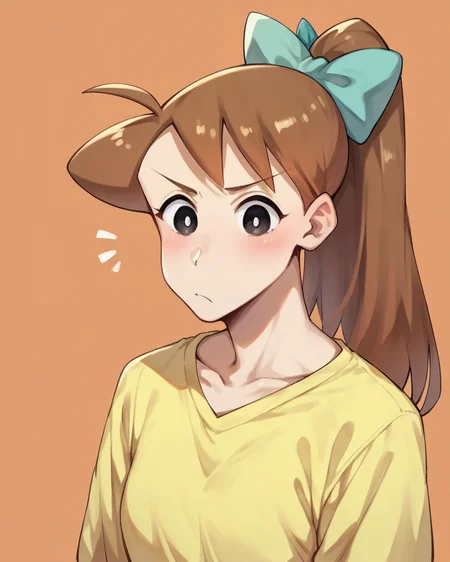 score_9, score_8_up, score_7_up, score_6_up, score_5_up, score_4_up,
<lora:Ishizaka_Midori_PONY:1>,ishizaka midori, 1girl, solo, brown hair, high ponytail, long hair, black eyes, ahoge, hair bow, yellow shirt,