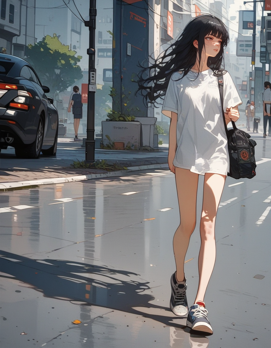 score_9, score_8_up, score_7_up, score_6_up, score_5_up, score_4_up, source_anime, 1girl, solo, 18yo, (slim face:1.5), (bangs:1.2), skinny, thin body, wide hips, thin thighs,
<lora:Expressive_H:1><lora:Kenva:0.8> <lora:naipf:0.6>
motor vehicle, black hair, ground vehicle, car, solo, shirt, sidewalk, bag, walking, long hair, pants, white shirt, shoes, outdoors, t-shirt, sneakers, shadow, holding, short sleeves