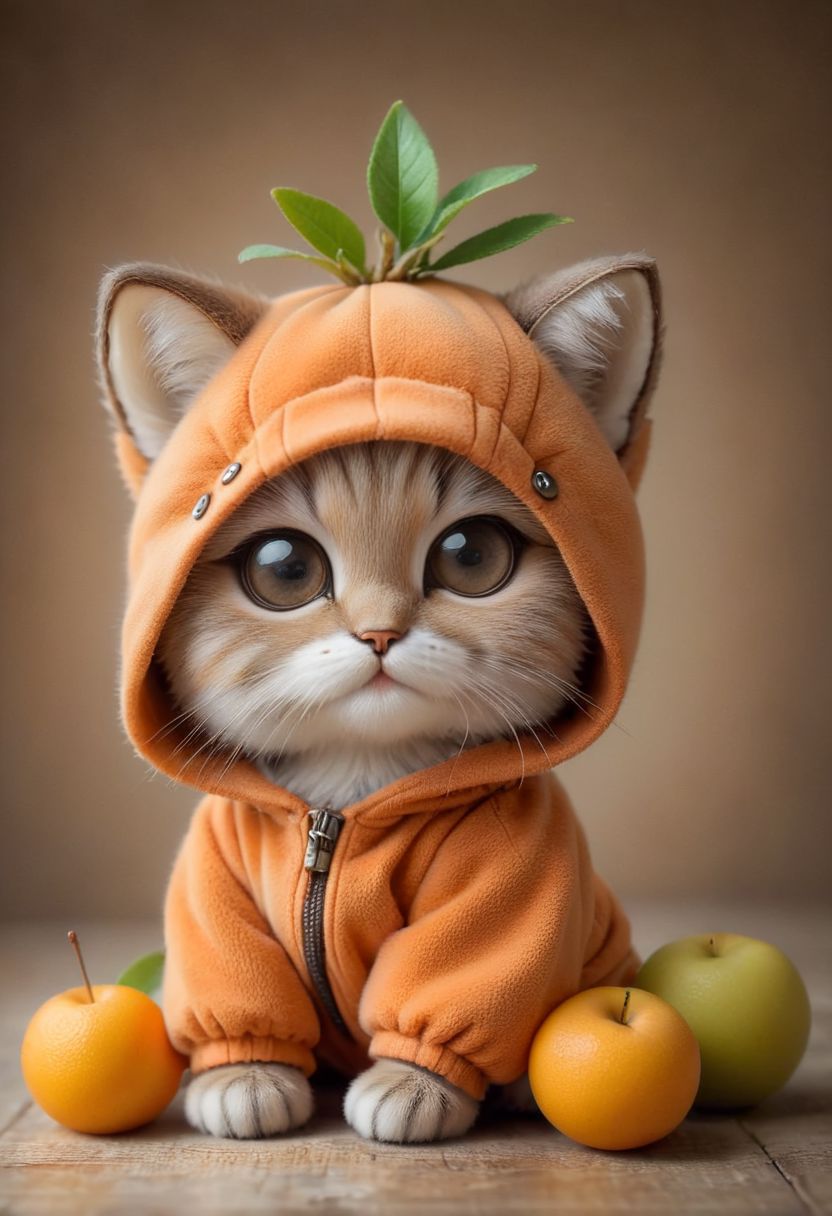 An award winning photo , a cute little baby cat,sitting around in a apricot costume, (fruit) , (((cuteness overload))) <lora:add-detail-xl:1>,  <lora:WowifierXL-V2:1>, zhibi