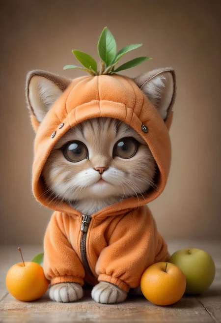 An award winning photo , a cute little baby cat,sitting around in a apricot costume, (fruit) , (((cuteness overload))) <lora:add-detail-xl:1>, <lora:WowifierXL-V2:1>, zhibi