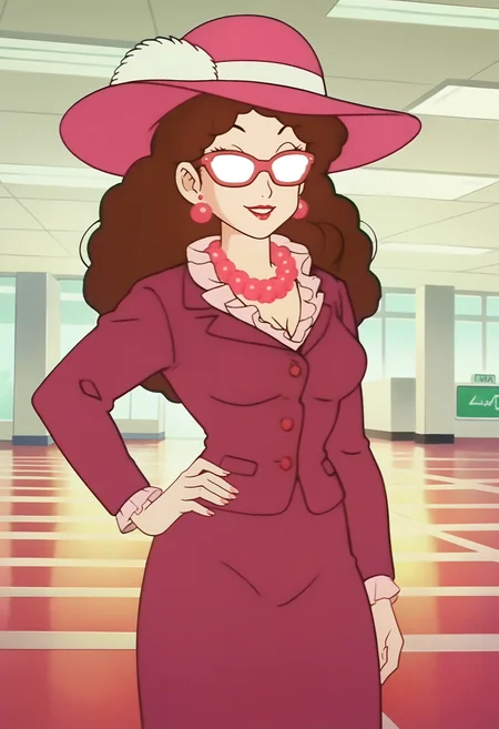 score_9, score_8_up, score_7_up, score_6_up, anime screencap, anime coloring, <lora:DBExtraGirl13:0.9>, DBExtraGirl13M, 1girl, solo, pink hat, opaque glasses, glasses, brown hair, long hair, earrings, lipstick, breasts, no eyes,
pearl necklace, purple jacket, long skirt, purple skirt,
looking at viewer, hand on own hip, smile, cowboy shot,
BREAK indoors, airport, reflective floor,