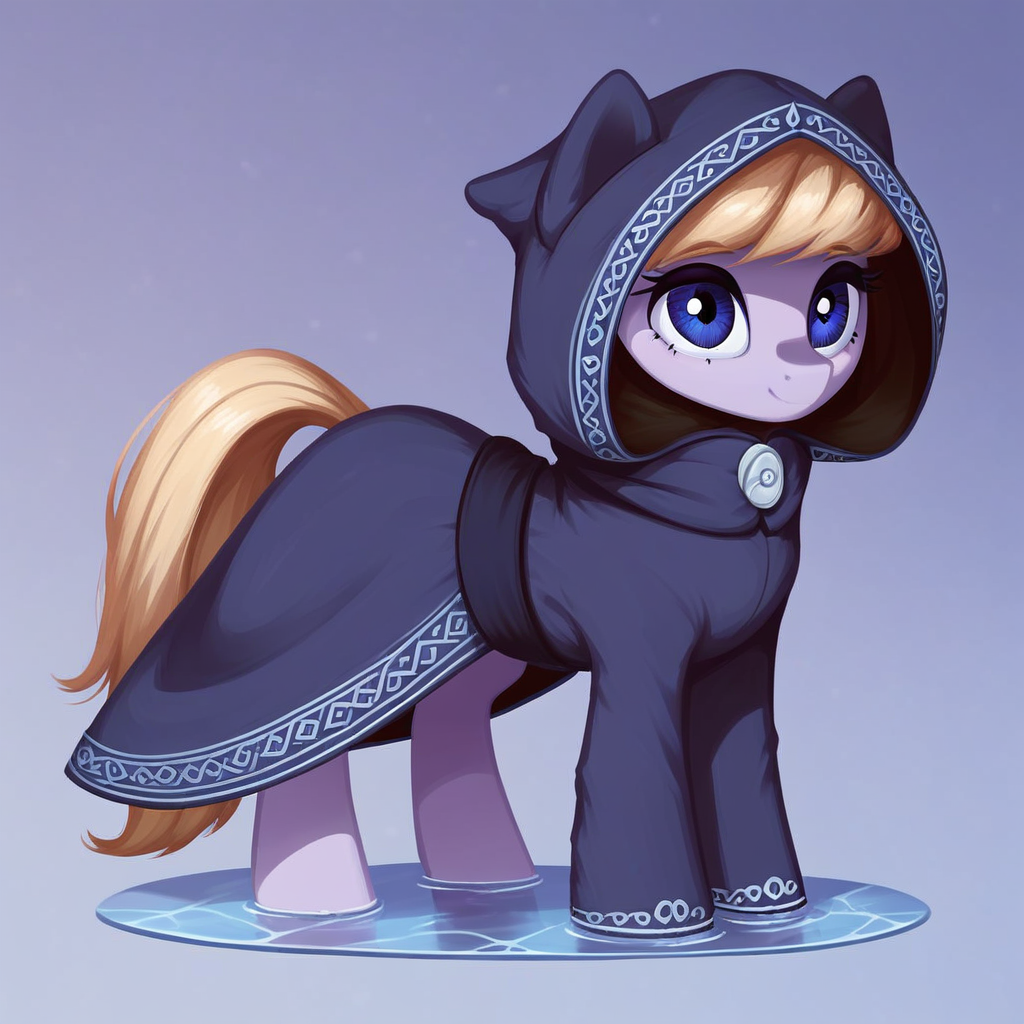 score_9_up, score_8_up, score_7_up, score_6_up, (best quality:1.1), ultra-detailed, high resolution, solo, Eathelin, pony, mlp, feral, midnight blue eyes, mare, female, pony ears, orchid purple skin, midnight blue eyes, thin eyebrows, long eyelashes, short blonde mane, smile, cute, water monk's robe, dark hood, standing, full body, expressiveh, simple background, highly visible, sharp focus, anatomically correct