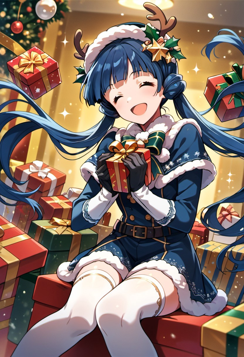 score_9, score_8_up, score_7_up, source_anime, kitakami reika, long hair, blue hair, twintails, brown eyes, 1girl, gift, closed eyes, gloves, open mouth, smile, christmas, reindeer, black gloves, sitting, thighhighs, gift box