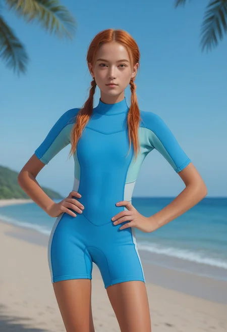 (Close-up) from behind of a young Irish woman wearing a short sleeves (wetsuitBBS) on the beach of a tropical island, she has ginger hair tied in too ponytails, very slender figure, narrow hips, thigh gap, small waist, she is looking at the viewer with her hands on her waist
BREAK
highly detailed,