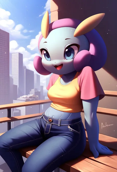 score_8_up, score_7_up, score_6_up, source_anime,, rating_explicit, BREAK solo, mouth, ,smile , medium breasts ,female, ,cute,anthro, cute ,cute head,,pokemon (creature),,1girl, breasts,cute,,mouth,city,on a bench,tee-shirt,jeans,semi open mouth, ,anthro,form anthro,Illumise,detailed,