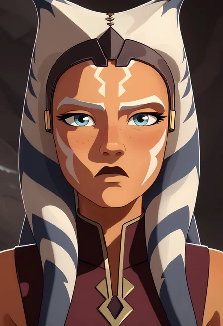 Score_9, Score_8, Score_7, TDPStyle, ahsoka tano, Bust Shot, Looking at Viewer, Bored, Cave Background