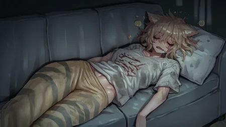 <lora:CanvasSolaris_V2.6_r1:1> cnvsls, cat girl sleeping on a sofa, messy hair, snoring, drunk, messy clothes,, score_9, score_8_up, score_7_up, score_6_up,