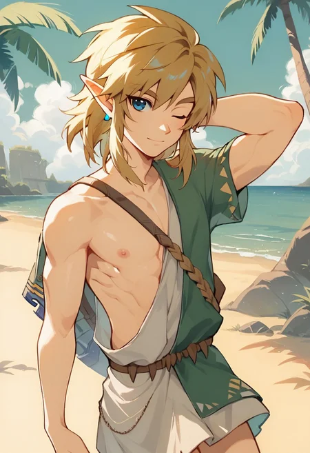 score_9, score_8_up, score_7_up, score_6_up, 1boy, sexy, flat chest, muscular, solo, sexy, seductive, wide smile, (Link from the legend of zelda), pointy ears, medium blonde hair, blue eyes, low eyebrows, medium hair, black sport bra, black tight skirt, sexy pose, standing, winking, thigh gap, one hand behind head, beach with a palmtree background,
