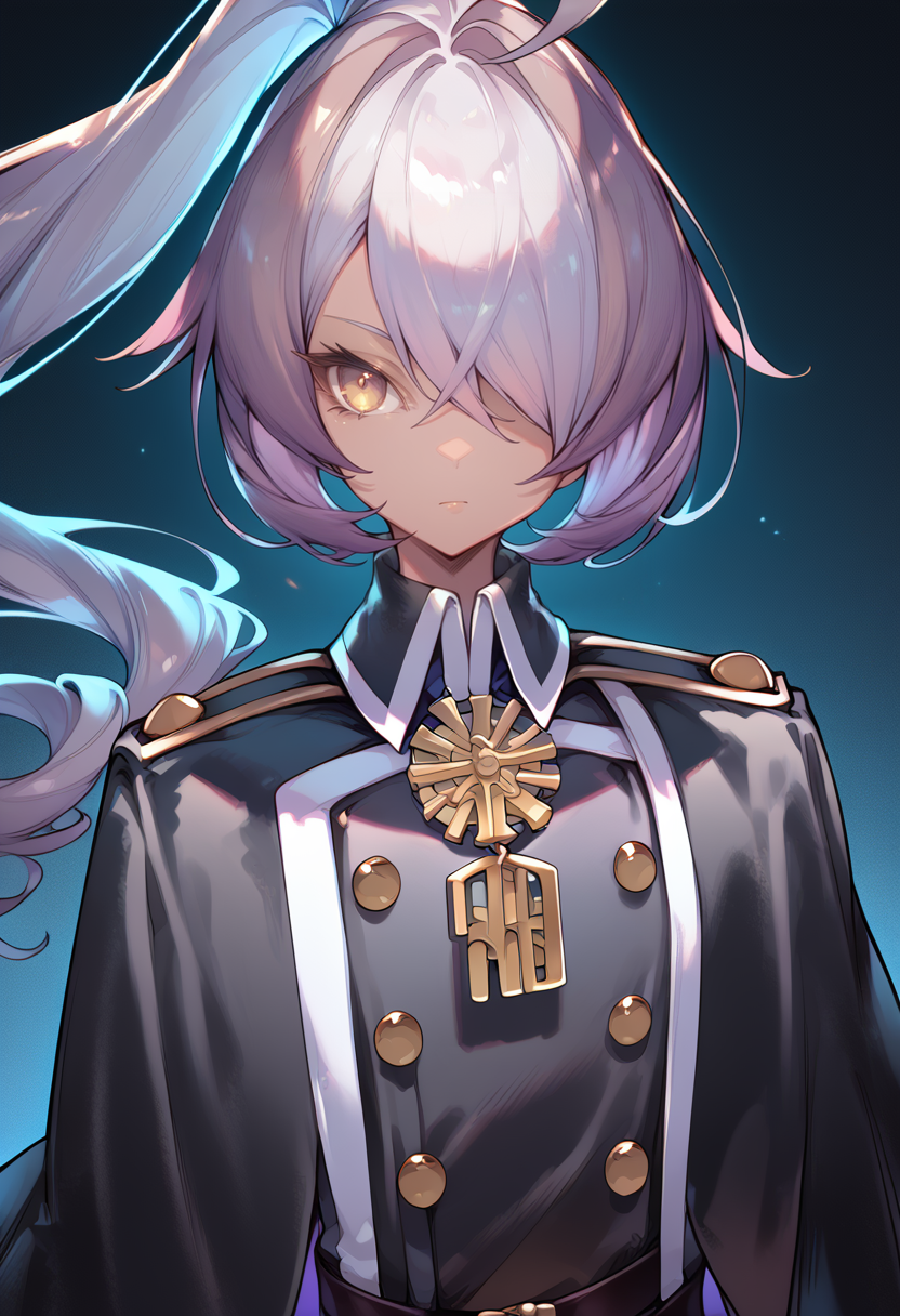 (score_9:0.9),score_8_up,score_7_up,anime style,rating_safe,(zPDXL),<lora:Sky striker ace - azalea ponyXL v2:0.9>,sky striker ace - azalea,black military uniform,solo,medal,looking at viewer,upper body,1girl,halftone,ahoge,closed mouth,black cape,black single shoulder cape,shaded face,