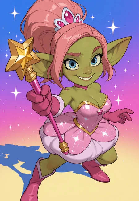 masterpiece, best quality, amazing quality, very aesthetic, absurdres, newest, wowgobbostyle, disney animation, wowgobbostyle, disney animation, solo, female goblin, blue eyes, pink hair, ponytail, medium breasts, shortstack, magical girl, pink glitter dress, gold trim, pink boots, pink gloves, cleavage, holding magical star rod, smile, action pose, looking at viewer, shadow, colorful background, sparkles,