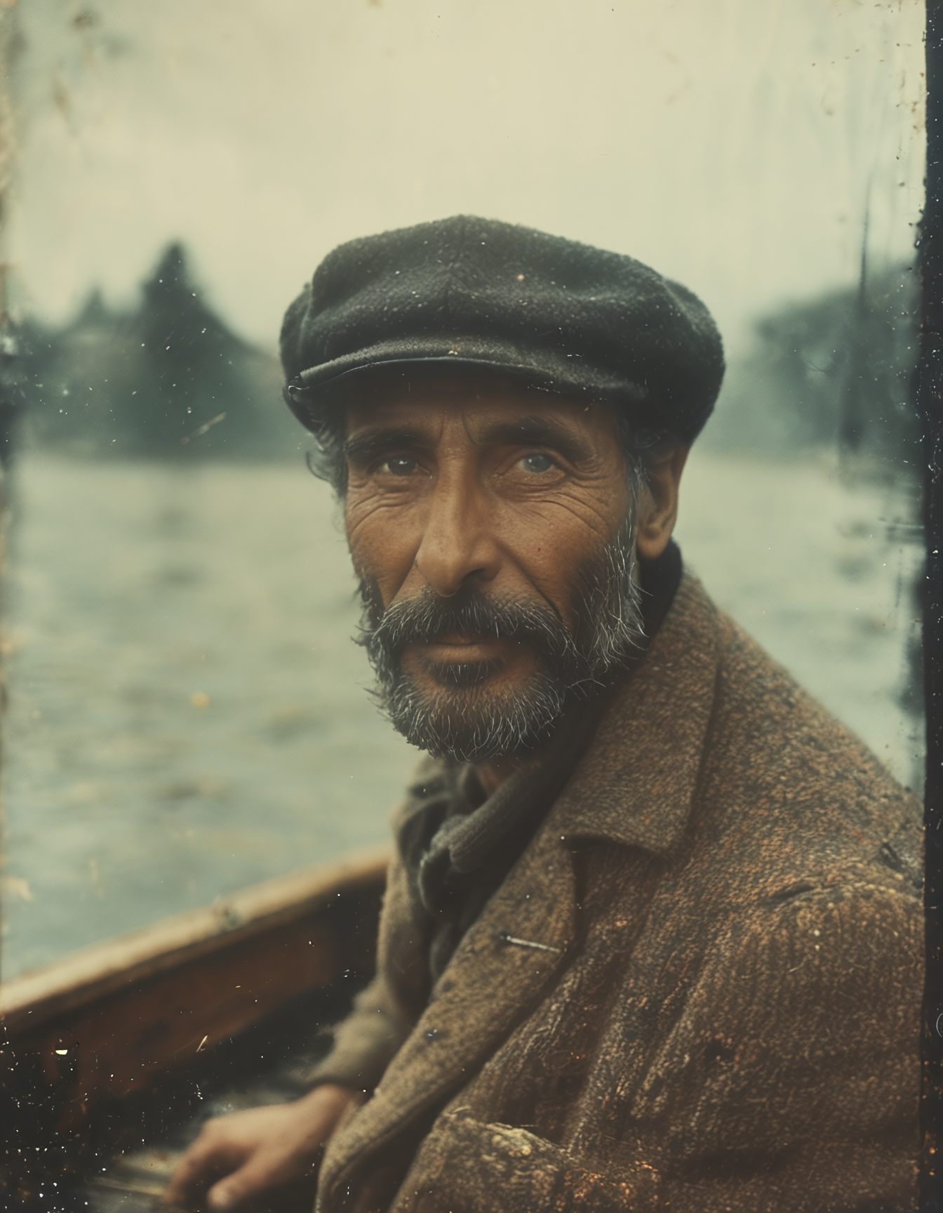 35mm vintage photo of an old fisherman on a boat, bokeh, 4k, uhd, masterpiece