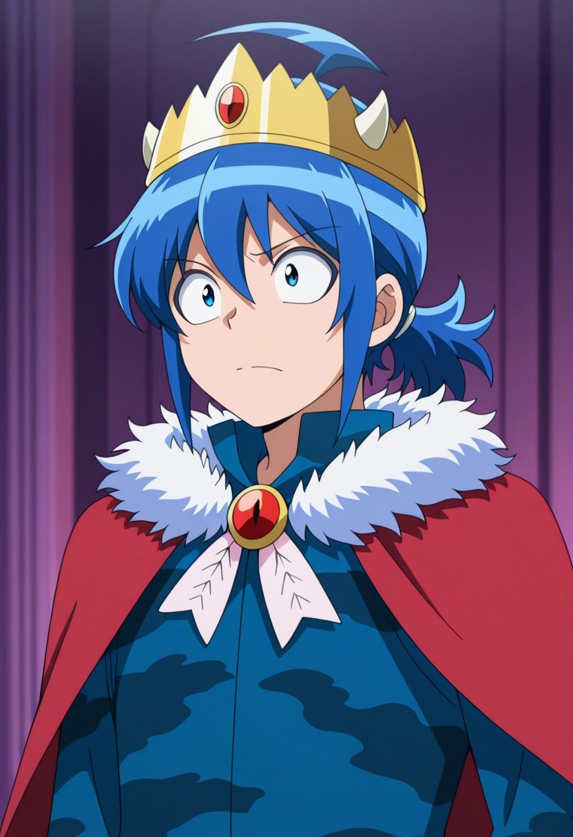 masterpiece,best quality,amazing quality, source_anime,
IrumaSuzuki, 1boy, male focus, solo, blue eyes, blue hair, ahoge, ponytail, crown, horns, jacket, camouflage jacket, blue jacket, brooch,  cape, red cape, fur trim, portrait,
indoor,