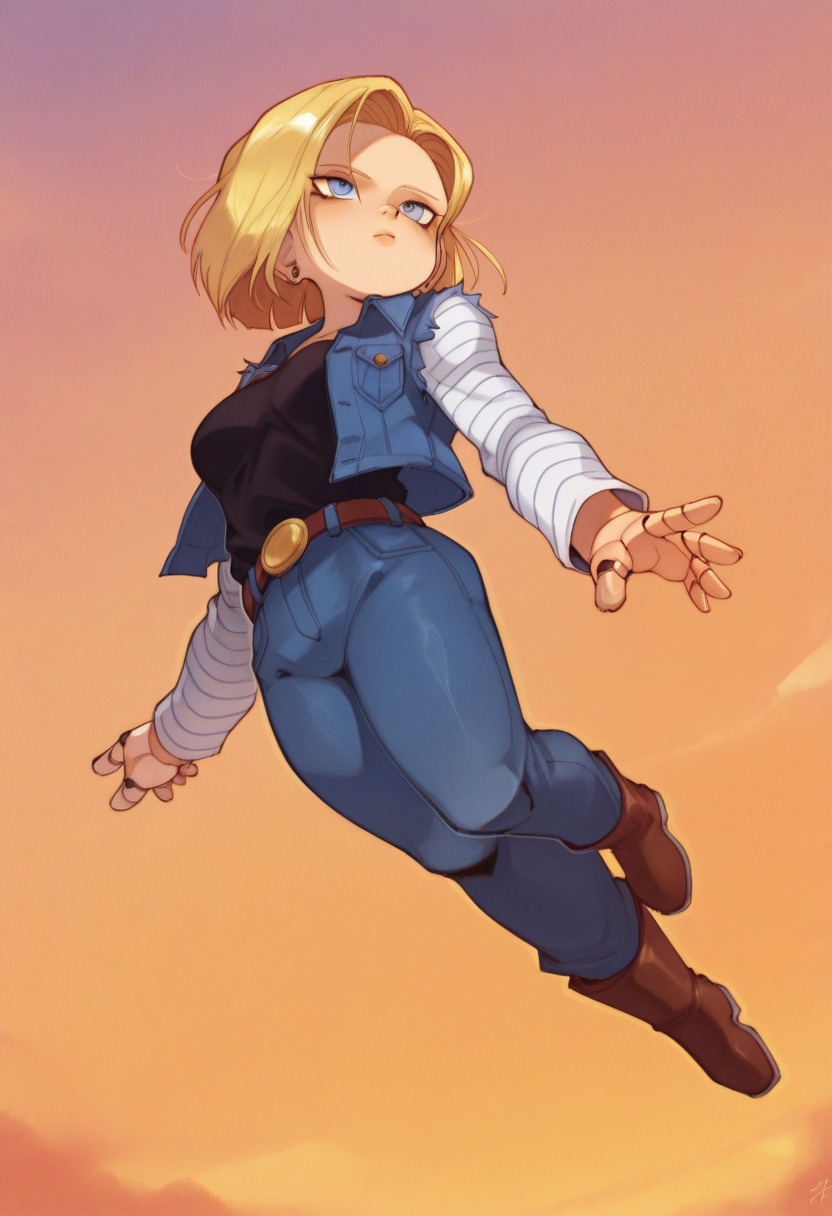 04N1M3R3style, masterpiece, best quality, solo,                                                                                 android 18, flying through the sky, denim jacket, sunset, clouds,  warm colors,