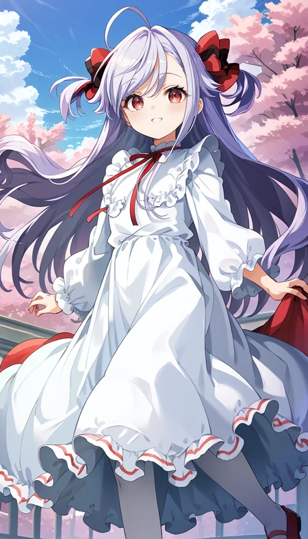 score_9,score_8_up,score_7_up,
official art,official style,game cg,megami magazine,
1girl,solo,
niizuma yae,
pink eyes,red eyes,purple hair,grey hair,long hair,very long hair,two side up,
red bow,red ribbon,hair bow,ahoge,bangs,bow,
dress,ribbon,frilled shirt,frilled skirt,frilled sleeves,frills,long skirt,long sleeves,
neck ribbon,red footwear,white dress,white pantyhose,white shirt,white skirt,
<lora:niizuma_yae_pony_v1:1>,