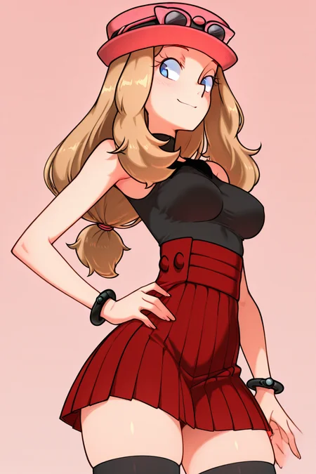 masterpiece, best quality, 1girl, solo, beautiful eyes, zzSerena, solo, long hair, blue eyes, eyewear on headwear, pink headwear, eyelashes, sleeveless shirt, black shirt, bracelet, high-waist skirt, red skirt, black thighhighs, <lora:SerenaPokemonIXL_v2:1.0>, <lora:TobiaswhellerIXL_v2:1.0>, cowboy shot, hand on hip, smug, smile, looking at viewer, shiny skin,