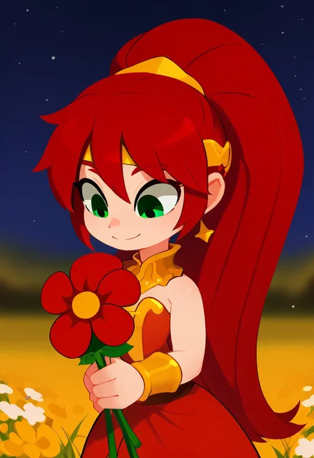 score_9, score_8_up, score_7_up, bokeh, flat colors, lineless, vector art, vector graphics, z0nkp4nch, cute,
1girl, alone, solo, portrait,
PyrrhaNikosXL, green eyes, red hair, long hair, ponytail, hair between eyes, forehead protector, simple dress, soft smile, ,
holding flower, head lowered, looking down
flower field, poppy flower, starry night