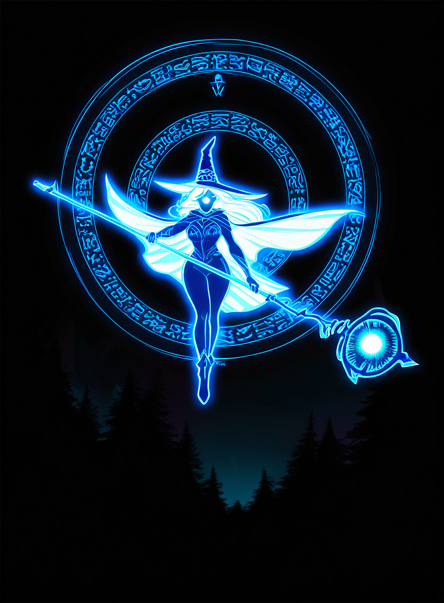 (masterpiece, best quality, high quality, highres), very awa, highres, absurdres, very aesthetic, newest, 1girl, witch hat, magical staff, floating, glowing runes, swirling wind, forest background, mystical energy, enchanted atmosphere, spellcasting, detailed outfit, flowing cape, ancient ruins, glowing eyes, intricate patterns, dynamic pose, <lora:Inked_IL_Style-000001:1> 1nk, lineart, outline, thick outline