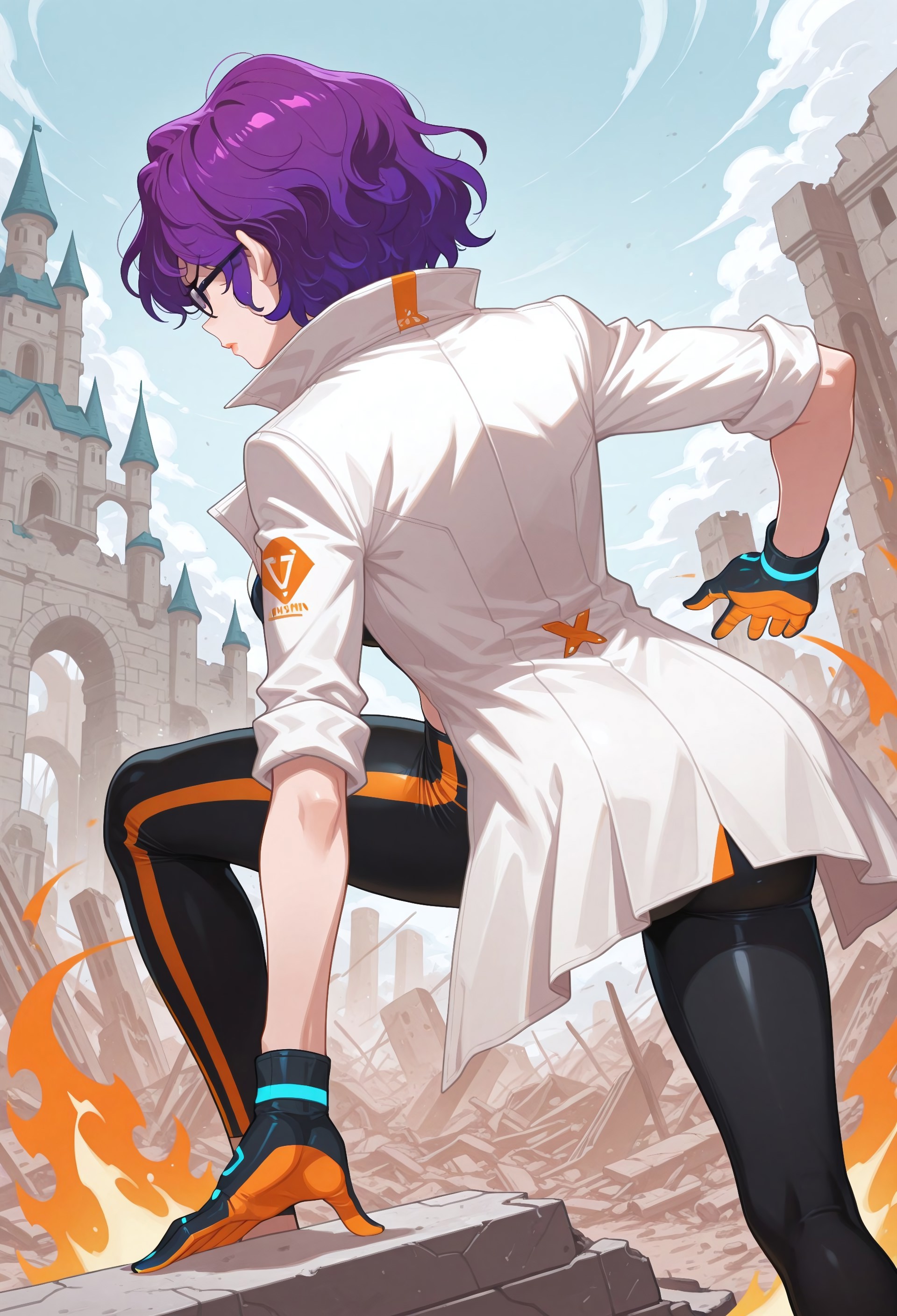 masterpiece, best quality, amazing quality, absurdres, 

udw_a1exa,1girl, solo, purple hair, short hair, gradient hair, blue eyes, black pupils, lips, collarbone, medium breasts, navel, midriff, groin, black-framed eyewear, glasses, white coat, labcoat, sleeves rolled up, two-tone gloves, black gloves, orange gloves, blue striped gloves, black pants, orange vertical-striped pants, yoga pants,

soft light, anime, 2D, lineless art, superhero landing, solo, aura, ruins, castle, from behind, back view,