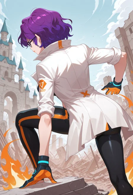 masterpiece, best quality, amazing quality, absurdres,
udw_a1exa,1girl, solo, purple hair, short hair, gradient hair, blue eyes, black pupils, lips, collarbone, medium breasts, navel, midriff, groin, black-framed eyewear, glasses, white coat, labcoat, sleeves rolled up, two-tone gloves, black gloves, orange gloves, blue striped gloves, black pants, orange vertical-striped pants, yoga pants,
soft light, anime, 2D, lineless art, superhero landing, solo, aura, ruins, castle, from behind, back view,
