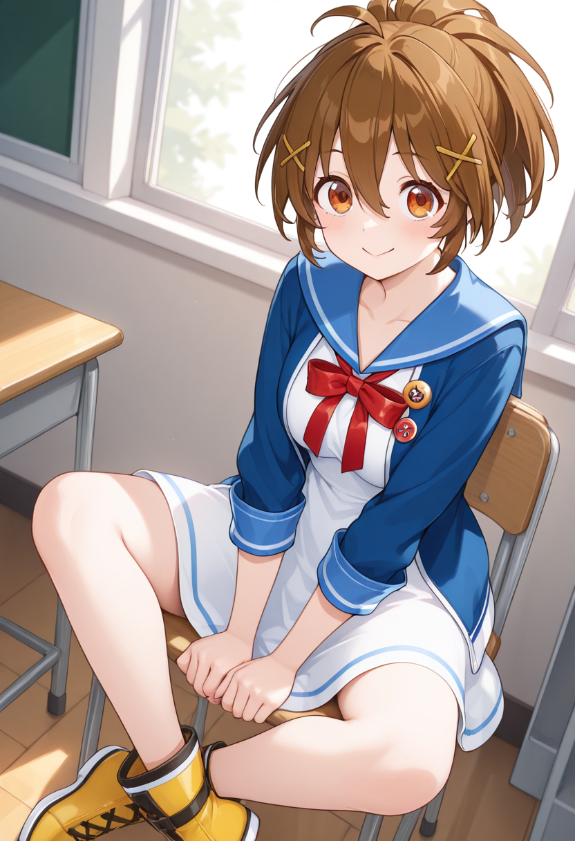 1girl,solo,<lora:akiserinail:0.9>,akesaka_serina,brown hair,brown eyes,ponytail,x hair ornament,hairclip,short hair,hair between eyes,dress,sailor dress,white dress,school uniform,blue sailor collar,blue jacket,button_badge,looking_at_viewer,cowboy_shot,dynamic_angle,yellow boots,smile,:>,hand_between_legs,sitting,sitting_on_chair,crossed_ankles,day,classroom,incredibly absurdres,masterpiece,best quality,good quality,newest,legs_apart,