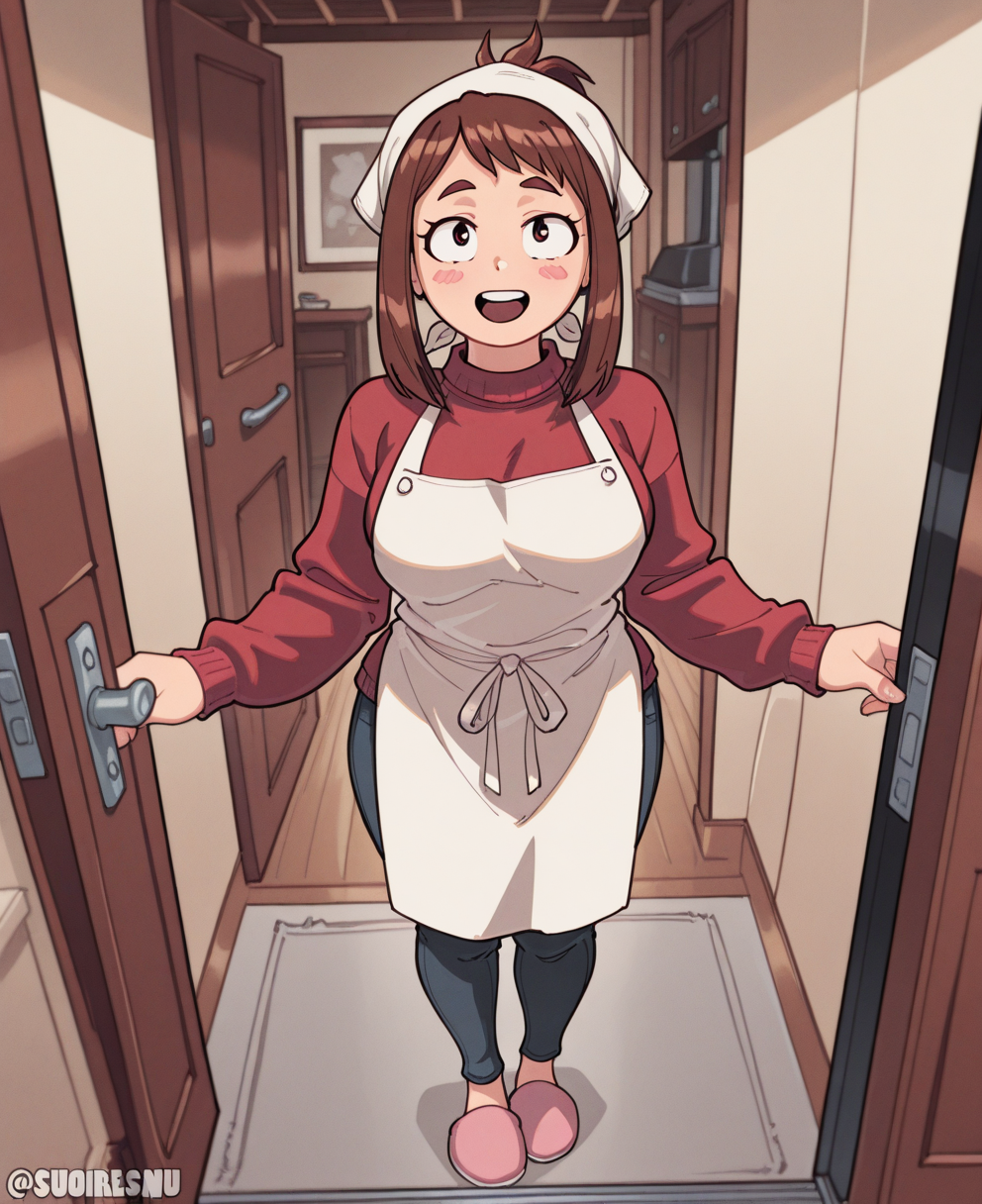 <lora:suoiresnuC:1> suoiresnu,
(masterpiece), (best quality), (ultra-detailed), amazing quality, very aesthetic, illustration, perfect composition, intricate details, absurdres, incredibly absurdres, shiny skin, realistic,
 suoiresnu, uraraka ochako, 1girl, solo, brown hair, apron, , slippers, brown eyes, looking at viewer, pov doorway, , smile, open mouth, pants, sweater, standing, red sweater, sidelocks, full body, indoors, breasts, opening door, blush, door, open door, d, shirt, head scarf, blush stickers, uraraka ochako, general