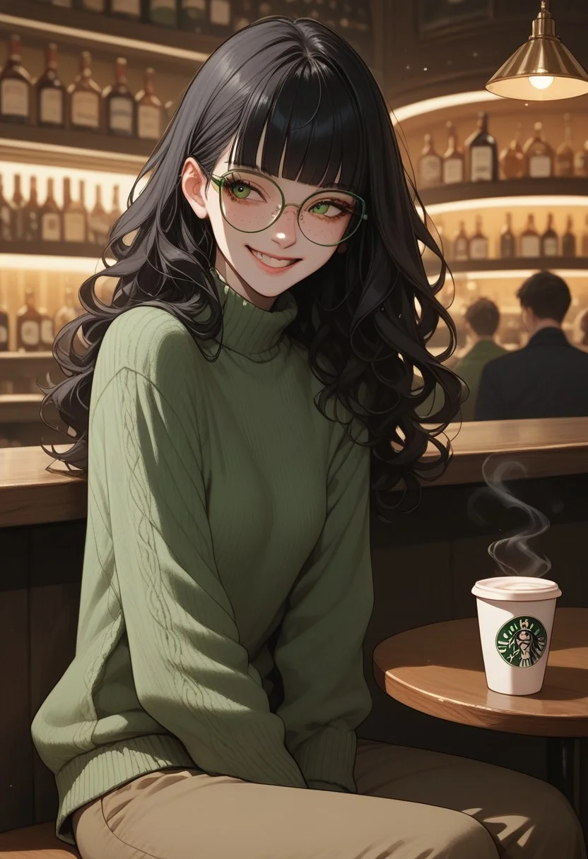 score_9, score_8_up, score_7_up, score_6_up, score_5_up, score_4_up, 1woman, Claudia, ClaudiaRH, long black hair, wavy hair, blunt bangs, green eyes, big squared eyeglasses, small breasts, slim, pale skin, freckles, green sweater, brown pants, sitting, bar, cup of coffee, crowded, smiling, looking away, happy, angled view,
