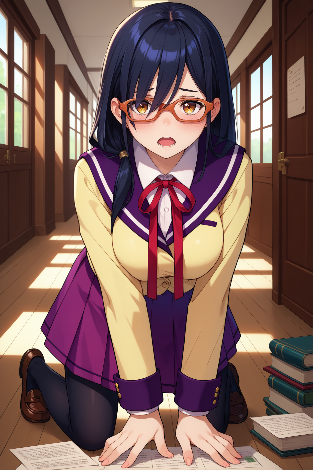 score_9, score_8_up, score_7_up, score_6_up, source_anime, 1girl, solo, <lora:kouenjimiko-pdxl-nvwls-v1-000006:1> kouenjim, black hair, hair over shoulder, long hair, glasses, red-framed eyewear, large breasts, yellow blazer, purple sailor collar, collared shirt, neck ribbon, purple skirt, black pantyhose, kneeling, looking at you, all fours, books, paper, hallway, blush, open mouth, loafers