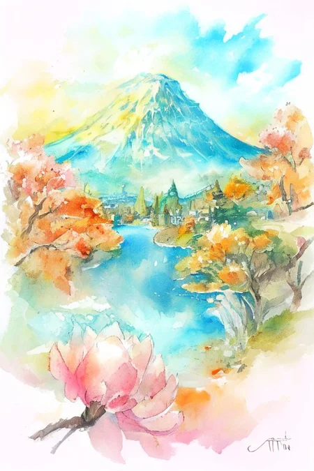 Mh1$AgThS2, intricate linework with expressive contrasts, soft lighting with dynamic highlights, a tranquil large lake in the uplands, sakura trees, blossom, mist, dawn, reflection, with mount fuji in the distance, no humans, In the style of ff-td, FanLan