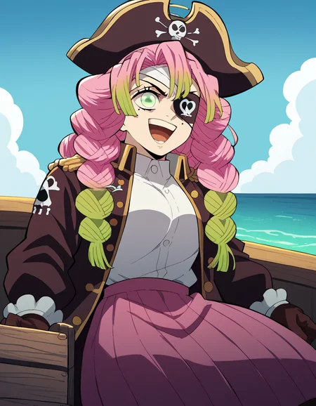 score_9, score_8_up, score_7_up, source_anime, <lora:mitsuri-kanroji-anime-ponyxl-lora-nochekaiser:1>, mitsuri kanroji, braid, gradient hair, green eyes, green hair, long hair, mole, mole under eye, multicolored hair, pink hair, twin braids, two-tone hair, large breasts, <lora:pirate-costume-ponyxl-lora-nochekaiser:1>, pirate costume, pirate hat, skirt, gloves, jacket, shirt, eyepatch,, blue sky, sea, ocean, pirate ship, treasure, gold, smug, open mouth, from below, sitting,, cowboy shot