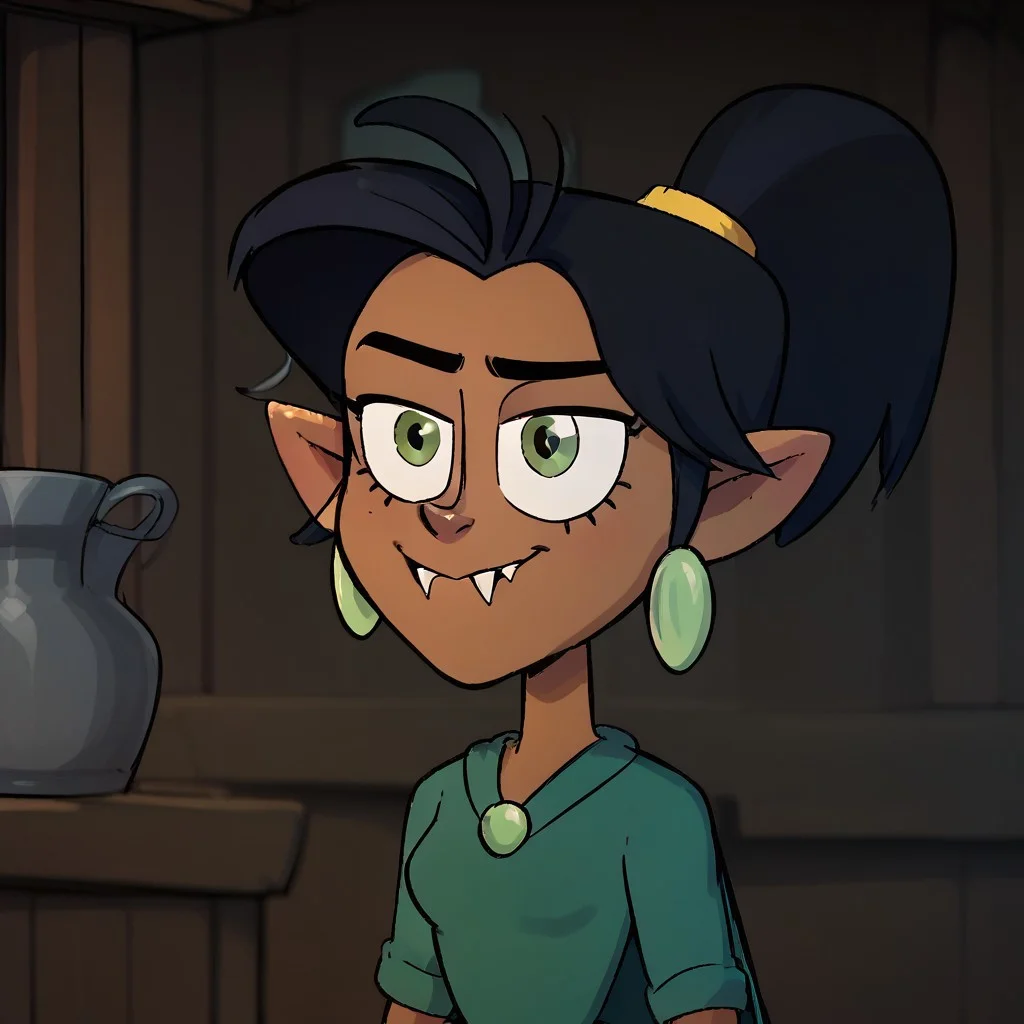 score_9, score_8_up, score_7_up, score_6_up, 1girl, solo, K4tyaOH, black hair, fangs, pointy ears, dark skin, green eyes,
yellow headband, green gloves, green leotard, earrings, cape,
cowboy shot, looking at viewing