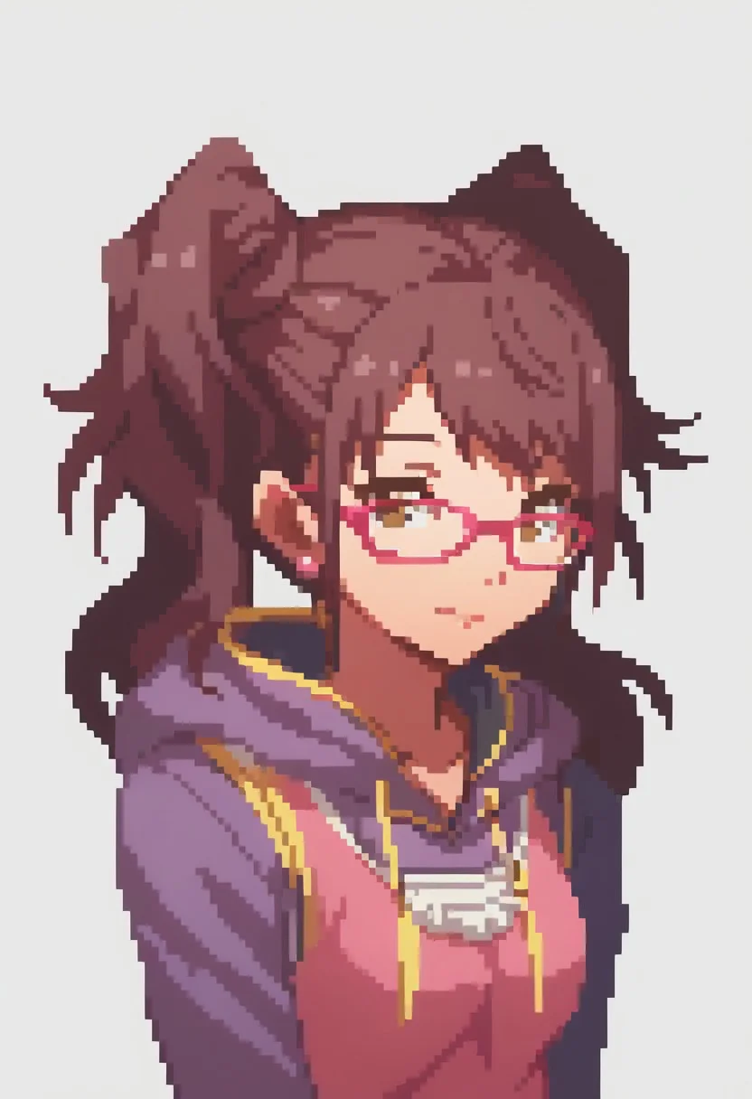 score_9, score_8_up, detailed, absurdres, extreme_quality, anime style, portrait, upper body portrait, slight side angle, rpg portrait, rpg, portrait, , shadow, plain background, light grey background, , upper body focus, face focus, looking at viewer, slight smile, p4rise, kujikawa, rise, twintails, long hair, brown hair, pink earrings, glasses, pink-framed eyewear, p4rise-wincas, hoodie, purple hoodie, hood, tank top, pink tank top, layered clothes, skirt, pantyhose,