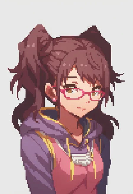 score_9, score_8_up, detailed, absurdres, extreme_quality, anime style, portrait, upper body portrait, slight side angle, rpg portrait, rpg, portrait, , shadow, plain background, light grey background, , upper body focus, face focus, looking at viewer, slight smile, p4rise, kujikawa, rise, twintails, long hair, brown hair, pink earrings, glasses, pink-framed eyewear, p4rise-wincas, hoodie, purple hoodie, hood, tank top, pink tank top, layered clothes, skirt, pantyhose,