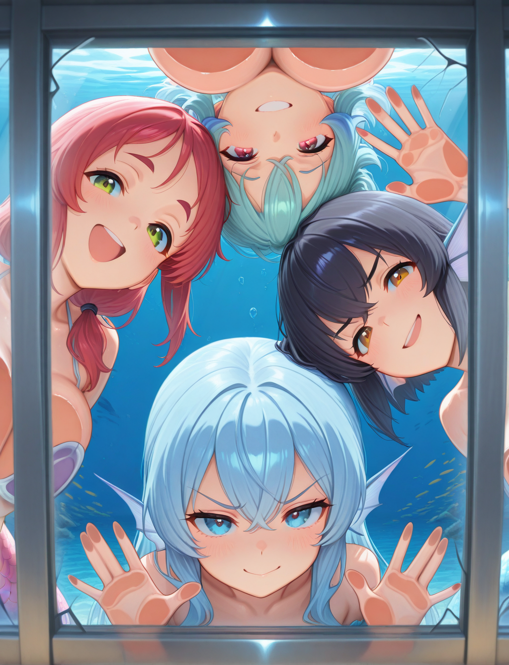 masterpiece,best quality,higres illustration,detailed face,upper body,<lora:multiglass_IL:1.2>,against glass,4girls,5girls,looking at viewer,laughing,smile,smug,cracked glass,ocean,underwater,mermaid,monster girl,steel wall,head fins,